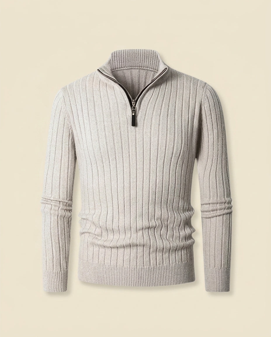 Beige ribbed quarter-zip sweater with a stand collar and soft-touch brushed knit texture in a regular fit.