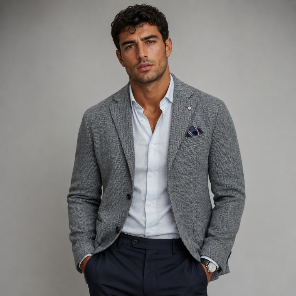 Man wearing a grey herringbone tweed blazer over a white dress shirt and navy trousers with a tailored, smart-casual look.