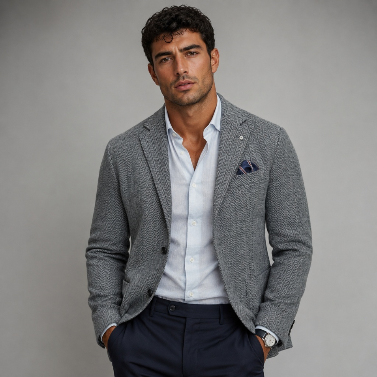Man wearing a grey herringbone tweed blazer over a white dress shirt and navy trousers with a tailored, smart-casual look.