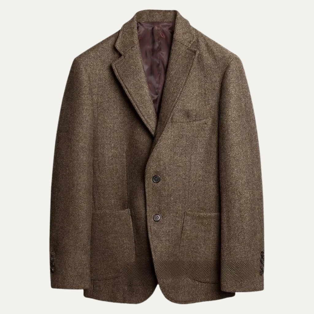 Men's brown tweed blazer featuring a notched lapel, two-button closure, flap pockets, and a classic tailored silhouette.