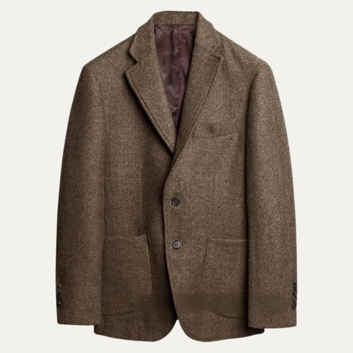 Men's brown tweed blazer featuring a notched lapel, two-button closure, flap pockets, and a classic tailored silhouette.