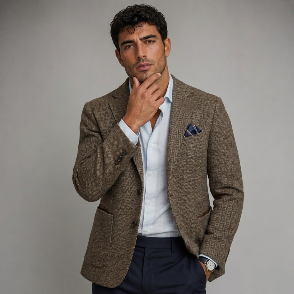 Man wearing a brown tweed blazer over a white dress shirt and navy trousers with a pocket square and tailored fit.