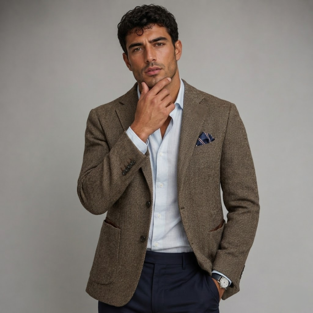 Man wearing a brown tweed blazer over a white dress shirt and navy trousers with a pocket square and tailored fit.