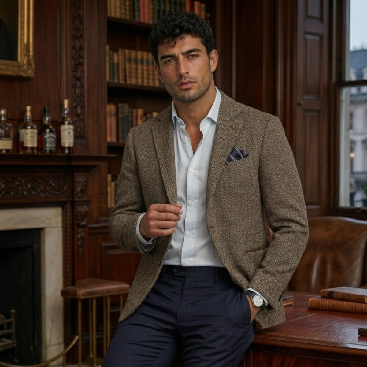 Man wearing a brown tweed blazer layered over a white dress shirt while standing in an elegant library setting.
