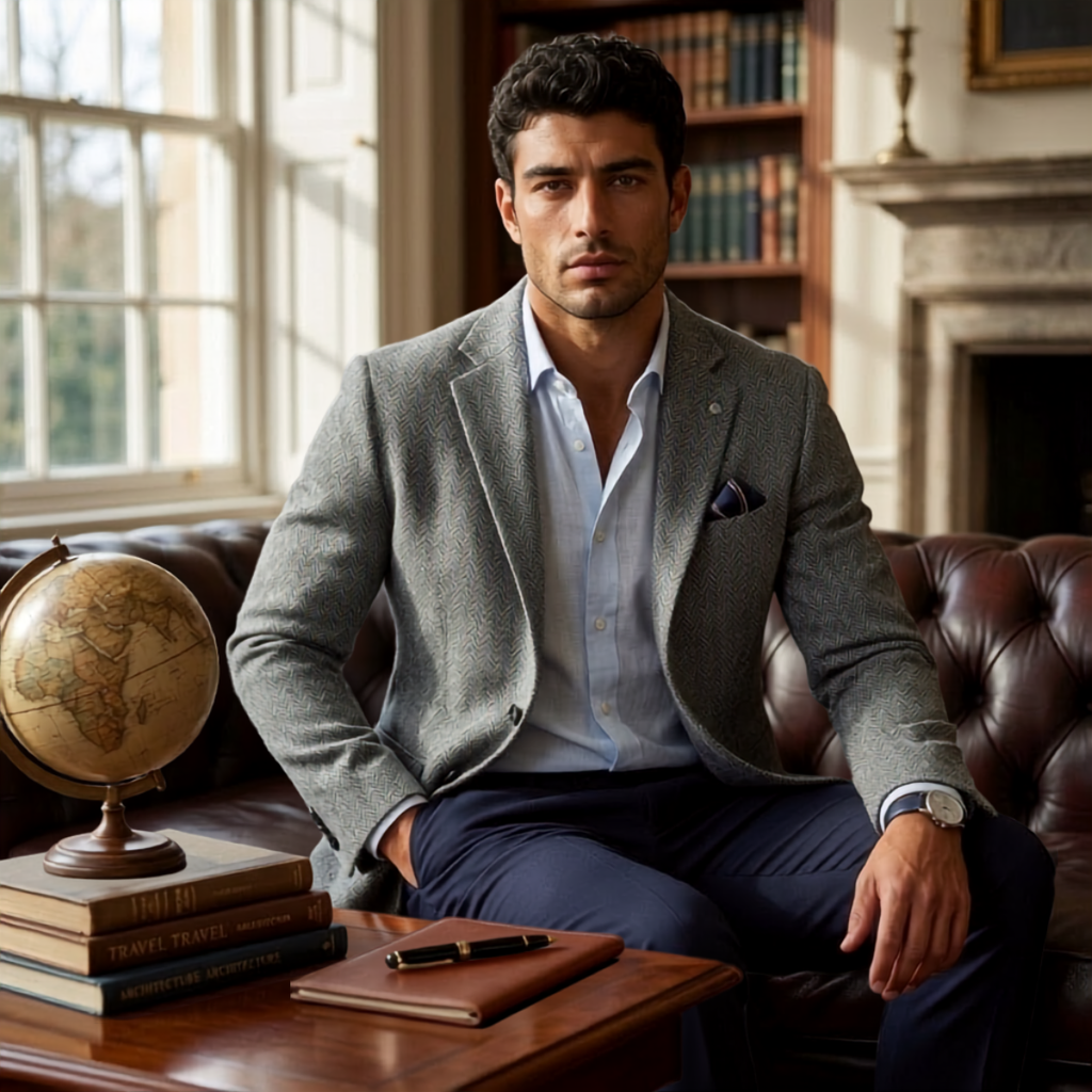 Man wearing a grey herringbone tweed blazer over a white dress shirt while seated at a desk in a sophisticated office.