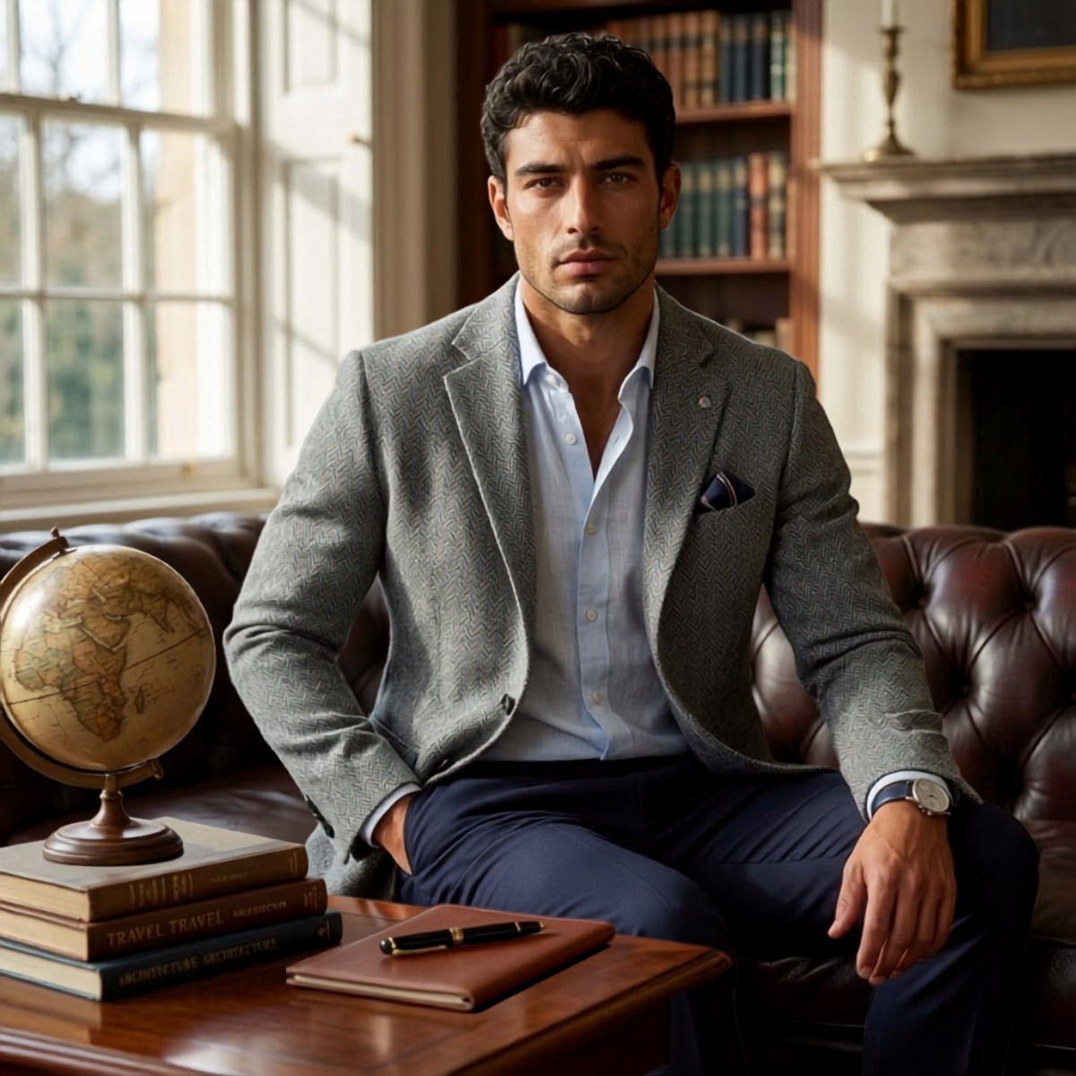 Man wearing a grey herringbone tweed blazer over a white dress shirt while seated at a desk in a sophisticated office.