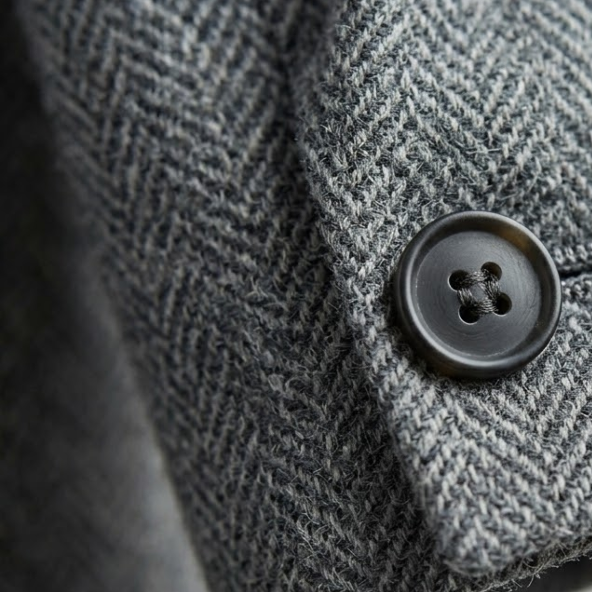 Close-up of the button closure and herringbone tweed fabric on a men's grey tailored blazer.