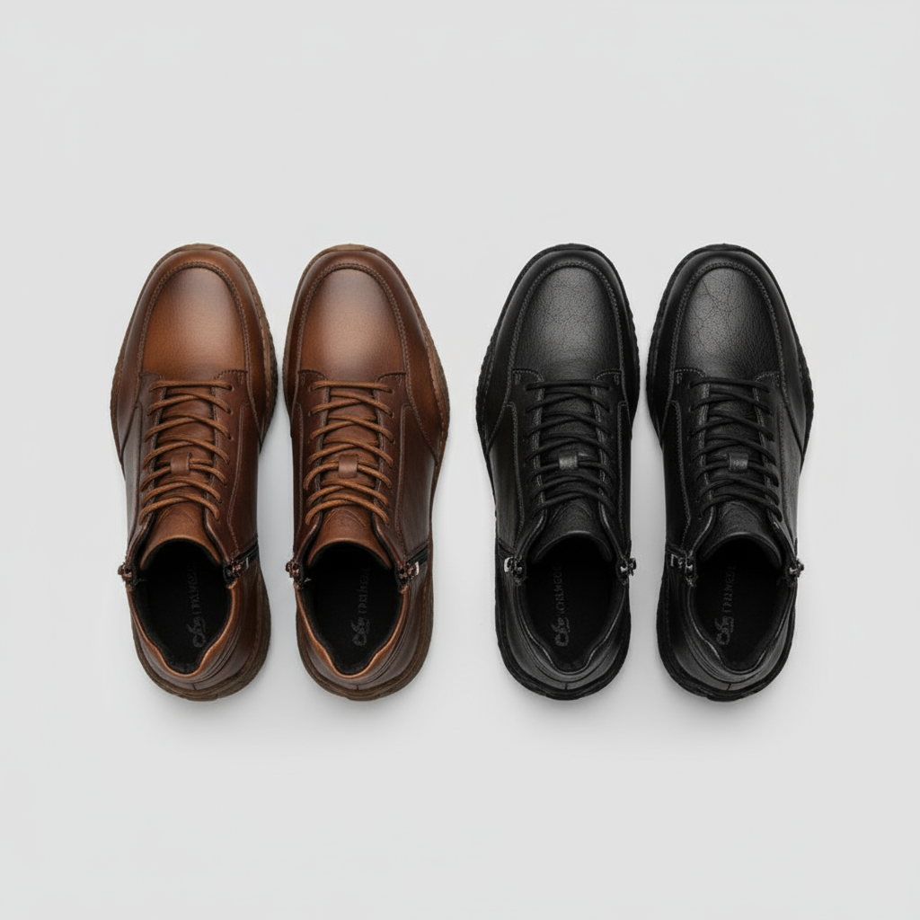 Overhead view of a brown pair and a black pair of leather zip-up ankle boots, arranged side by side on a light gray background.