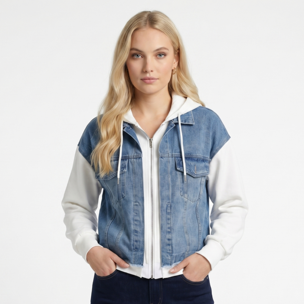 Woman wearing a light wash denim jacket with a white zip-up hoodie, detachable hood, chest flap pockets, and a relaxed fit.