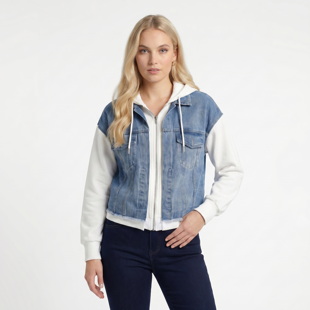 Front view of a woman wearing a light wash denim jacket layered over a white hoodie with a zip-front closure and classic denim styling.