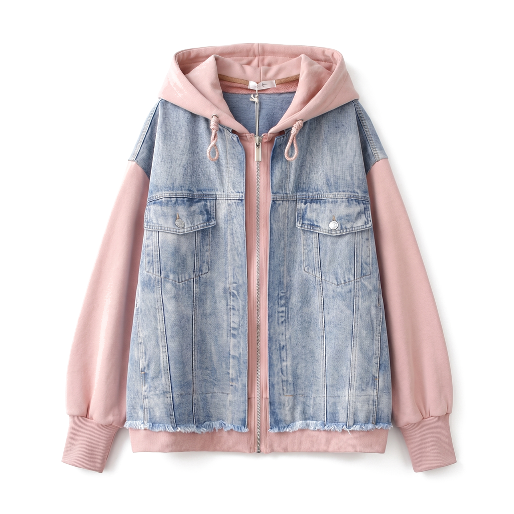 Women's light wash denim jacket with an attached pink hooded sweatshirt, zip-front closure, chest flap pockets, and casual layered design.