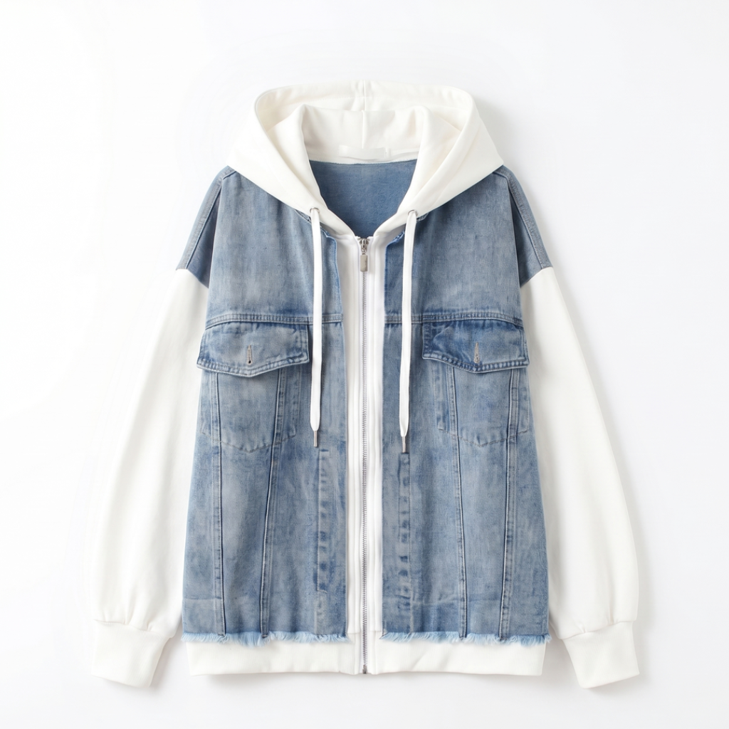 Women's light wash denim jacket featuring an attached white hooded sweatshirt, zip-front closure, chest pockets, and relaxed silhouette.