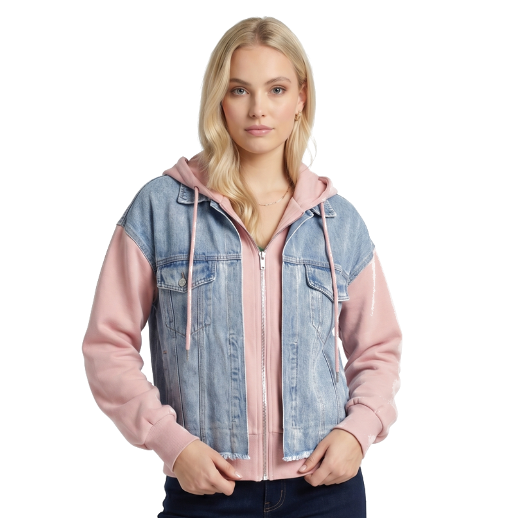 Woman wearing a light wash denim jacket with a pink zip-up hoodie, detachable hood, chest flap pockets, and a casual layered design.