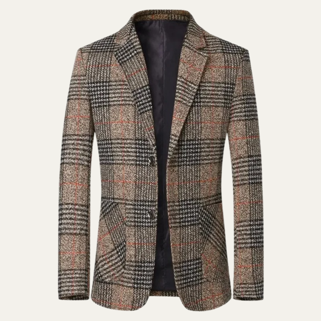 Men's brown plaid tweed blazer with a notched lapel, two-button closure, flap pockets, and classic tailored fit.