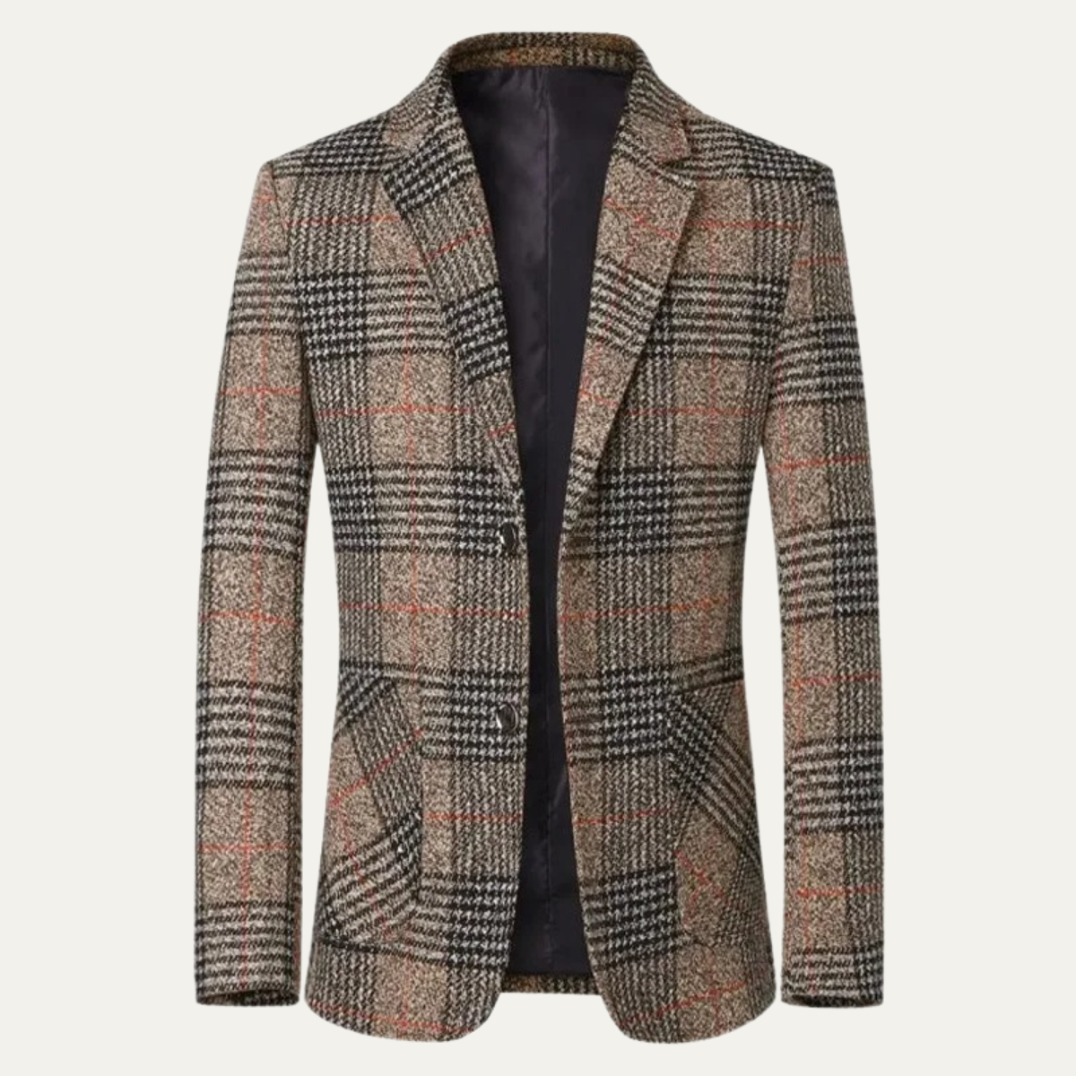 Men's brown plaid tweed blazer with a notched lapel, two-button closure, flap pockets, and classic tailored fit.