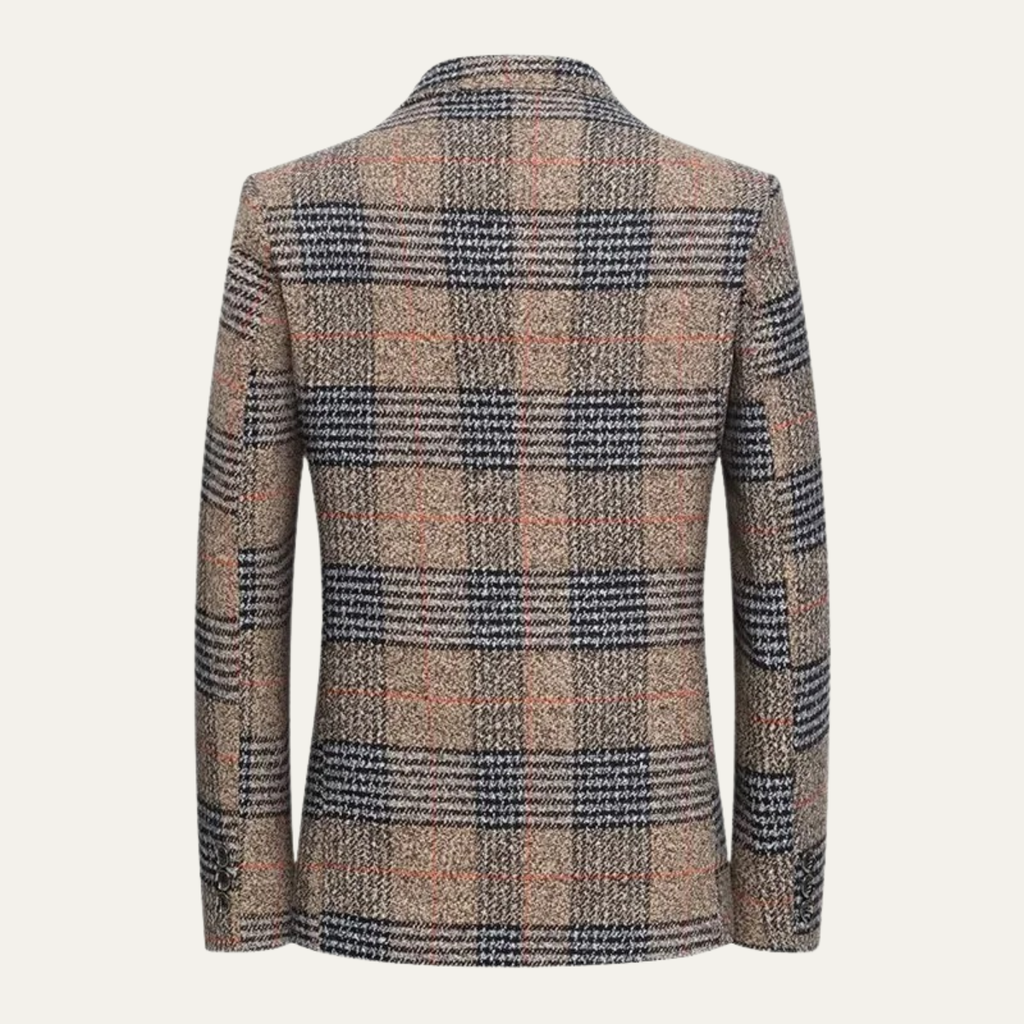 Back view of a men's brown plaid tweed blazer featuring a tailored silhouette and classic plaid pattern.