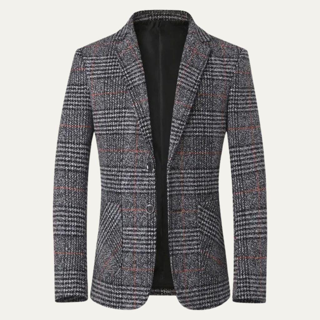 Men's charcoal plaid tweed blazer with a notched lapel, two-button closure, flap pockets, and tailored fit.