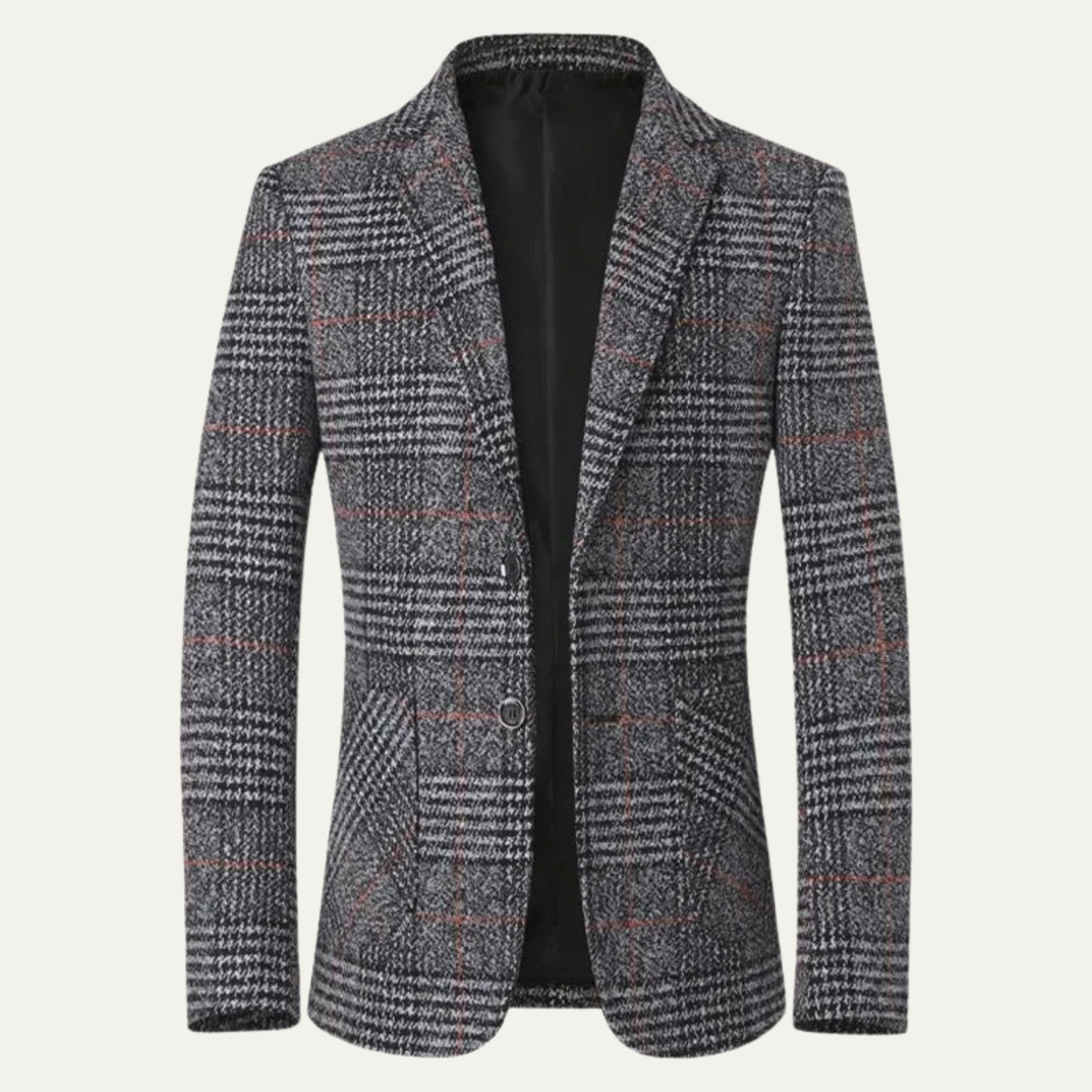 Men's charcoal plaid tweed blazer with a notched lapel, two-button closure, flap pockets, and tailored fit.