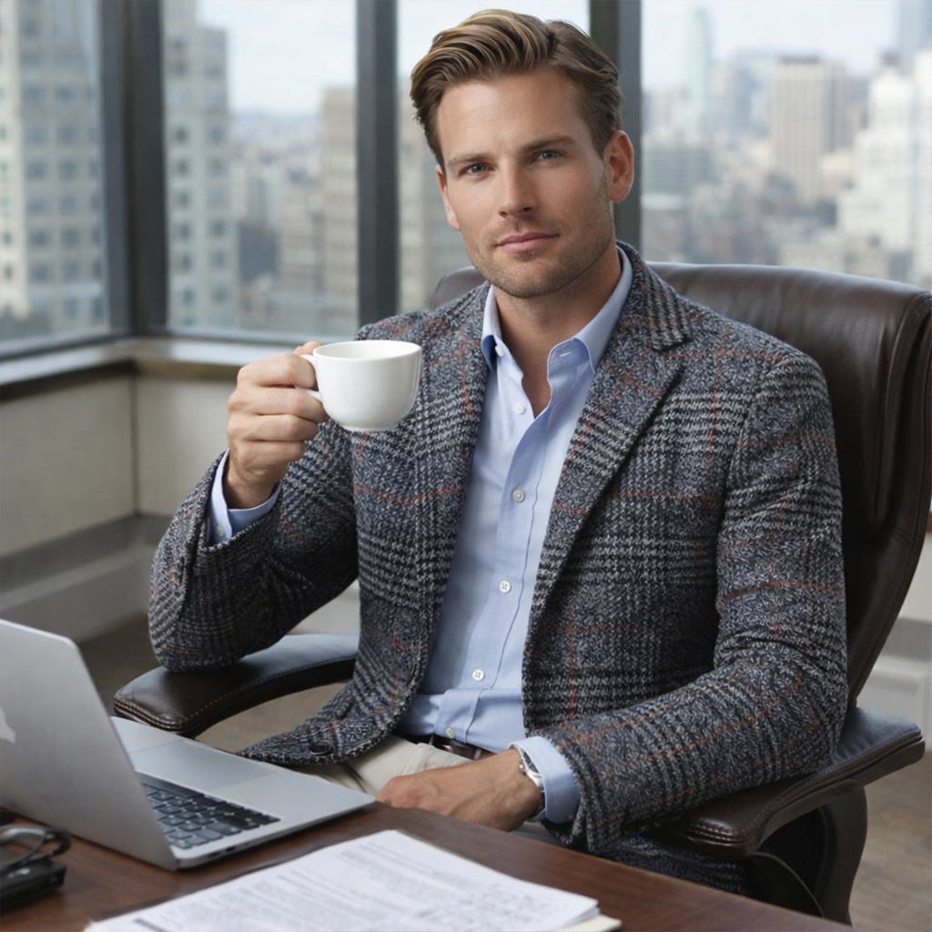 Man wearing a charcoal plaid tweed blazer over a light blue dress shirt while seated outdoors with a coffee cup in a business setting.