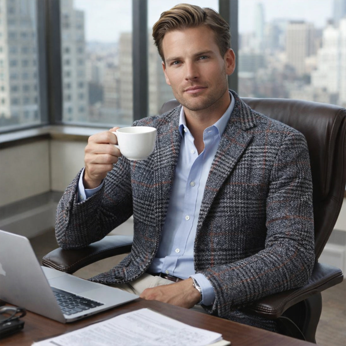 Man wearing a charcoal plaid tweed blazer over a light blue dress shirt while seated outdoors with a coffee cup in a business setting.