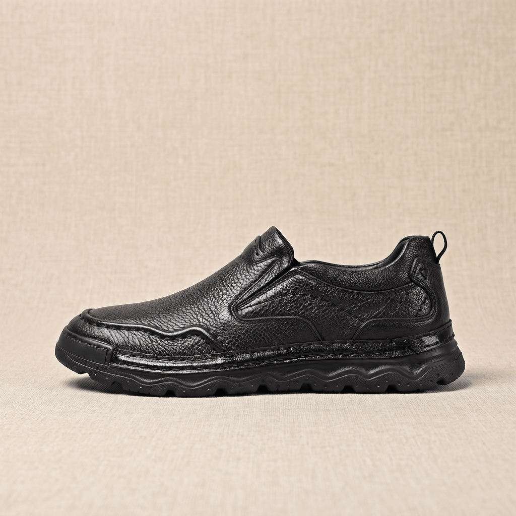 Side profile of a single black leather Piolo loafer with textured sole, resting on a beige surface