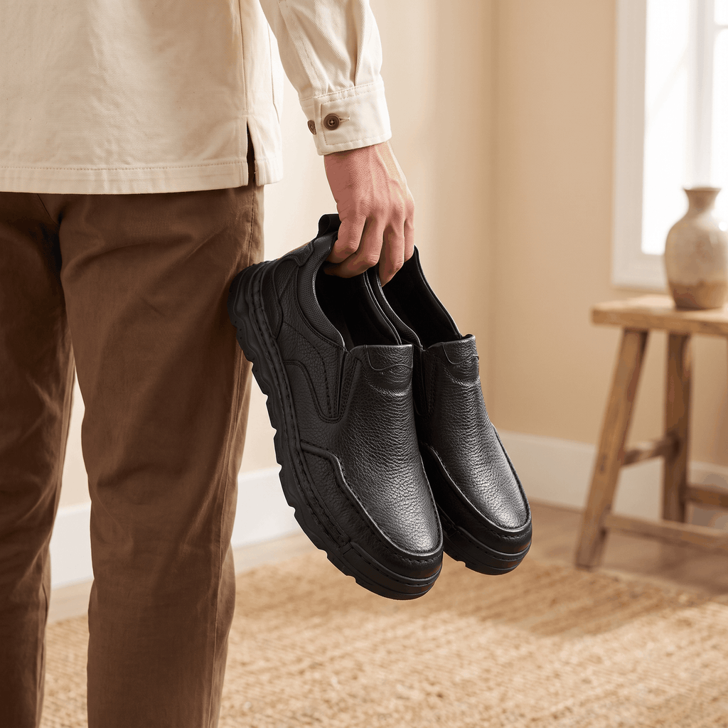Man in cream shirt holding a pair of black leather Piolo loafers, standing in a bright room on a jute rug