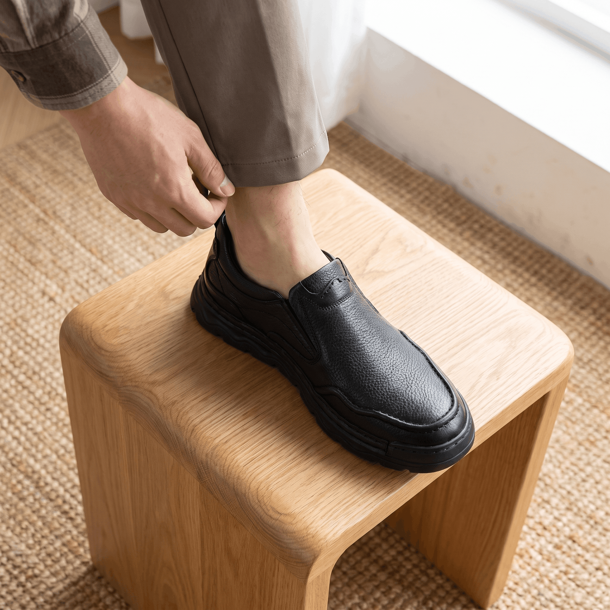 Man adjusting trouser cuff with foot resting on a wooden stool wearing black leather Piolo loafer, on a jute rug