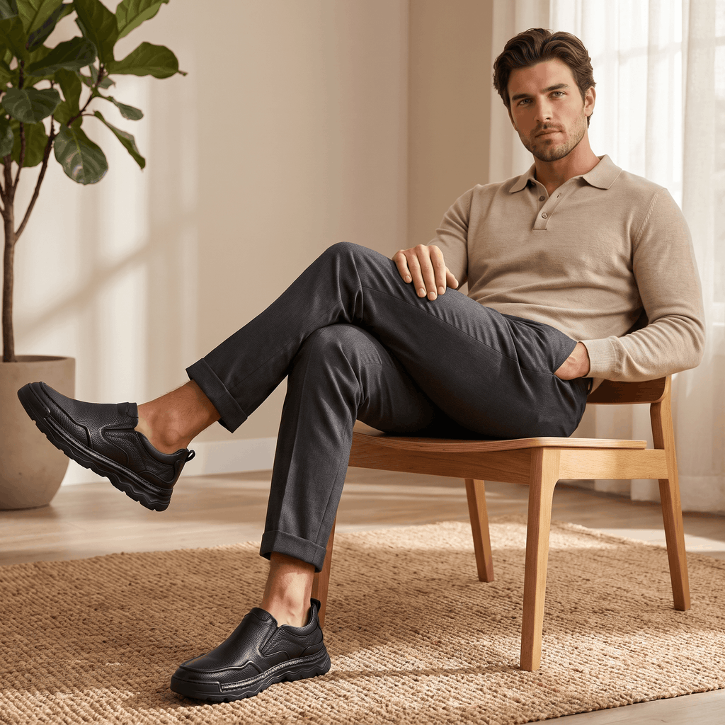 Man in beige polo shirt seated with legs crossed, wearing black leather Piolo loafers, in a bright room with a plant on a jute rug