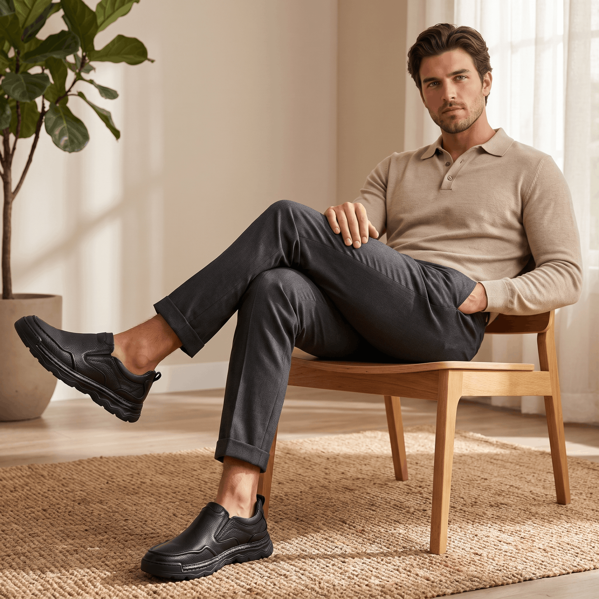 Man in beige polo shirt seated with legs crossed, wearing black leather Piolo loafers, in a bright room with a plant on a jute rug