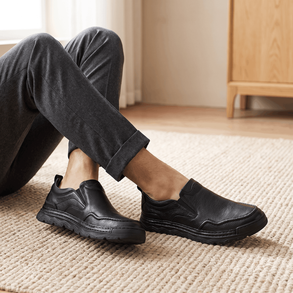 Close-up of crossed legs wearing gray trousers and black leather Piolo loafers on a woven rug near a wooden dresser