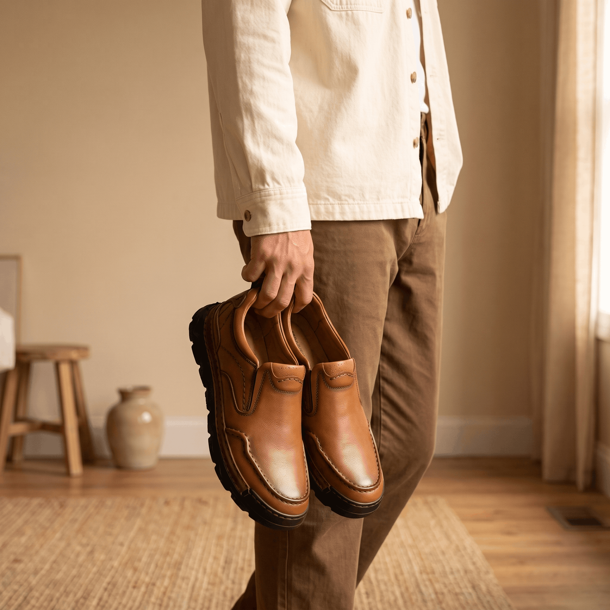 Man in cream shirt holding a pair of brown leather Piolo loafers, standing in a warmly lit room on a jute rug