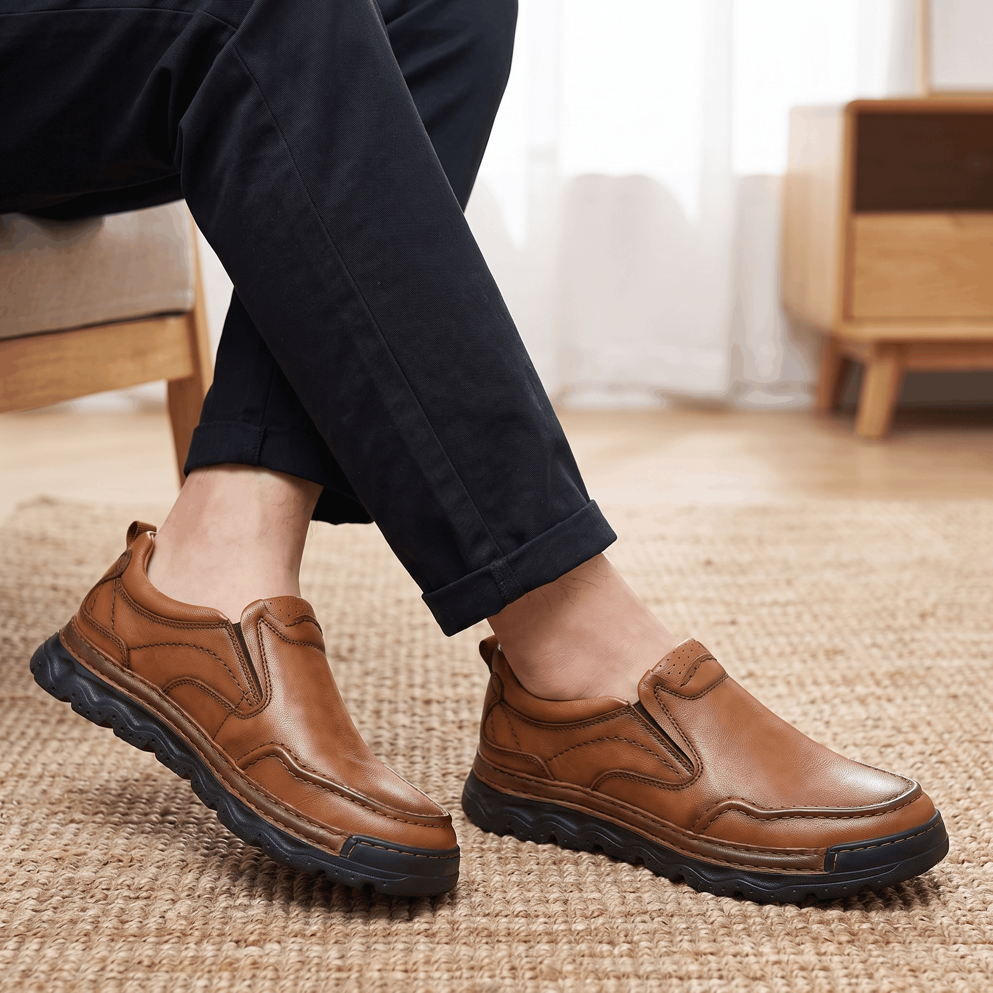 Close-up of legs wearing navy trousers and brown leather Piolo loafers on a jute rug near a wooden dresser