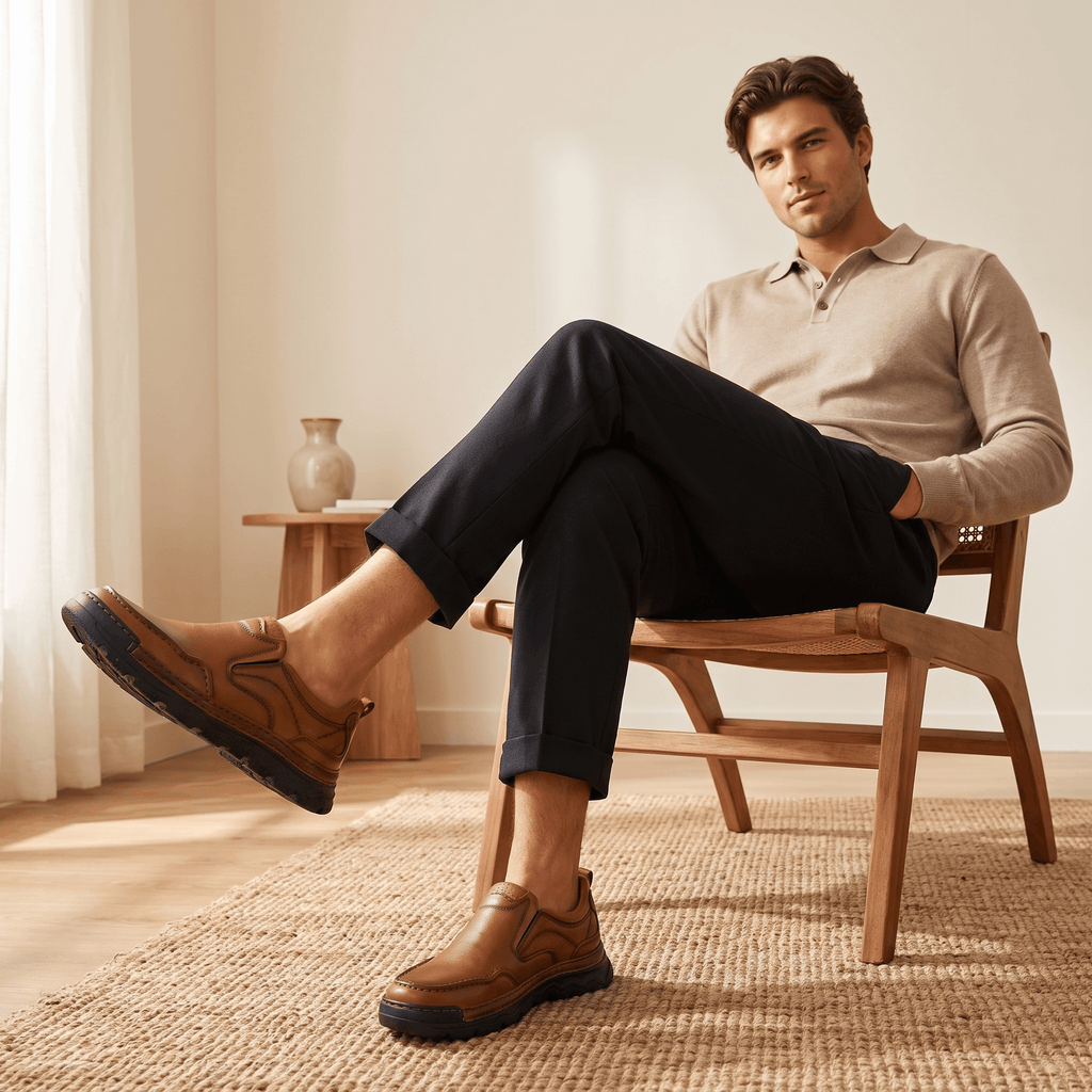 Man in beige sweater seated with legs crossed, wearing navy trousers and brown leather Piolo loafers, in a bright room on a jute rug
