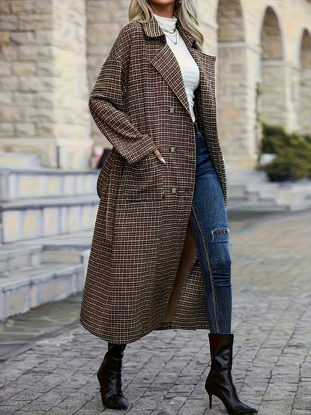 Longline plaid trench coat in brown with a double-breasted front, wide lapels, and a relaxed H-line silhouette.