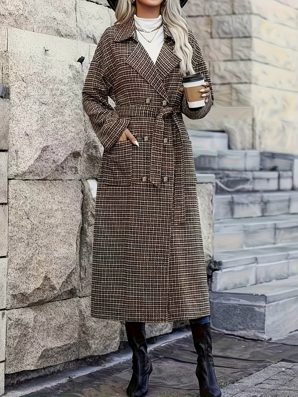 Brown plaid longline trench coat with a double-breasted front, wide lapels, and a belted waist in a structured H-line.