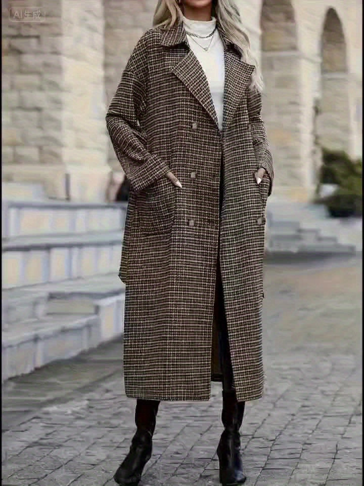 Longline plaid trench coat in brown and black with a double-breasted front, wide lapels, and a relaxed H-line fit.