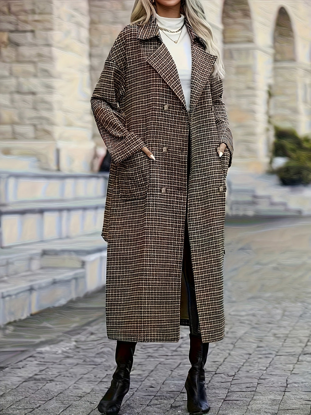 Longline plaid trench coat in brown and black with a double-breasted front, wide lapels, and a structured H-line silhouette.