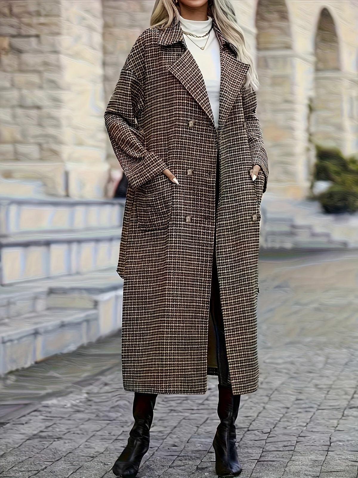 Longline plaid trench coat in brown and black with a double-breasted front, wide lapels, and a structured H-line silhouette.