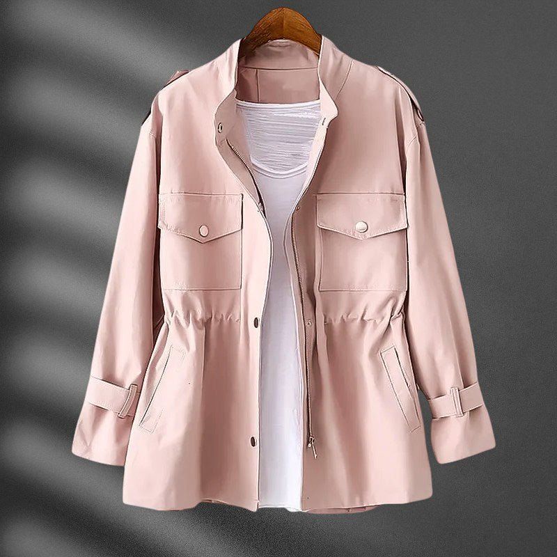 Plenie Smooth Blend Windbreaker Jacket – Cinched-Waist Flap-Pocket Stand-Collar Coat