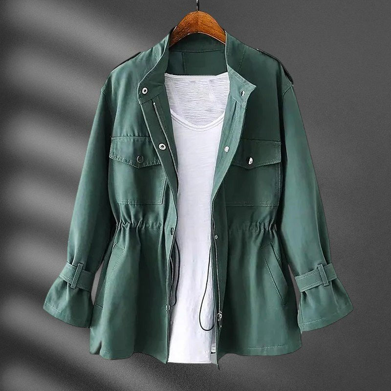 Plenie Smooth Blend Windbreaker Jacket – Cinched-Waist Flap-Pocket Stand-Collar Coat