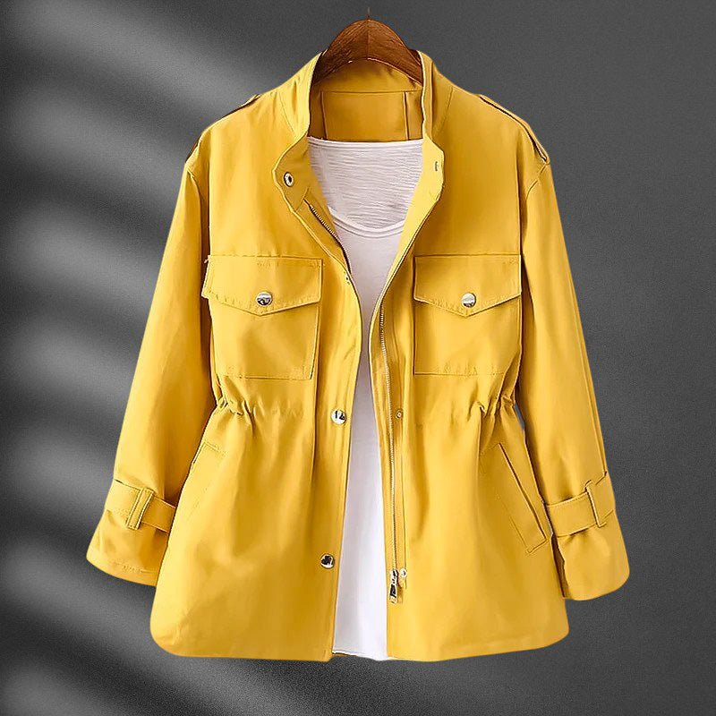 Plenie Smooth Blend Windbreaker Jacket – Cinched-Waist Flap-Pocket Stand-Collar Coat