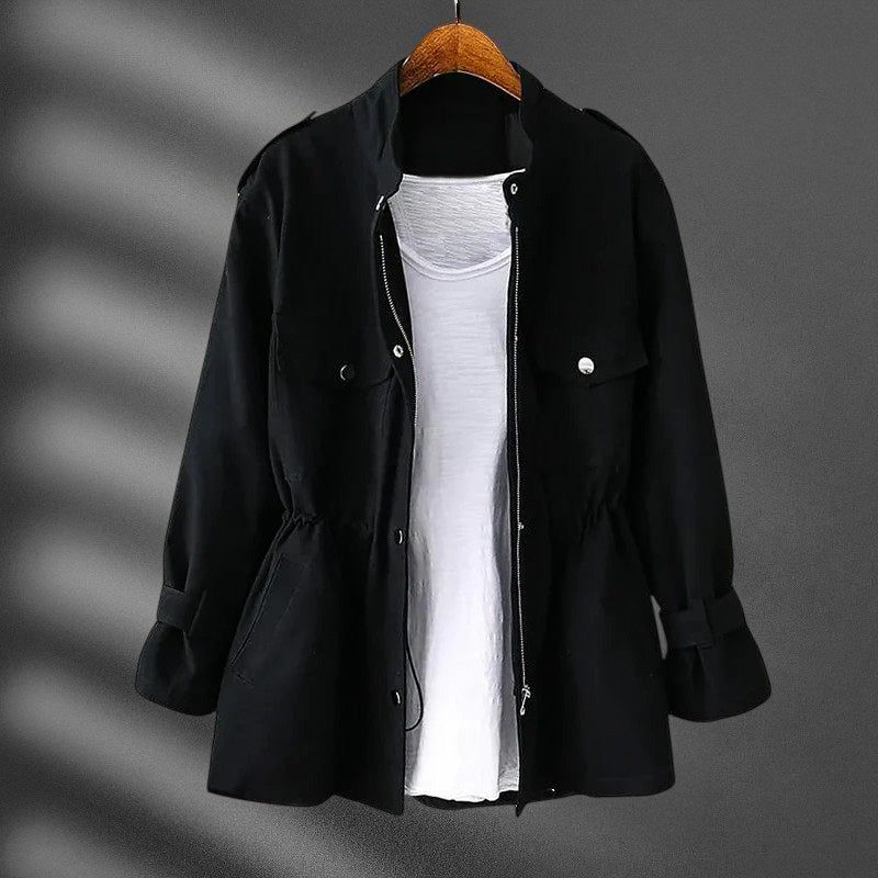Plenie Smooth Blend Windbreaker Jacket – Cinched-Waist Flap-Pocket Stand-Collar Coat
