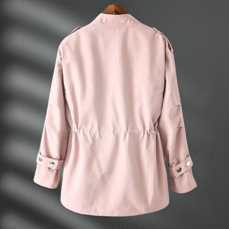 Plenie Smooth Blend Windbreaker Jacket – Cinched-Waist Flap-Pocket Stand-Collar Coat