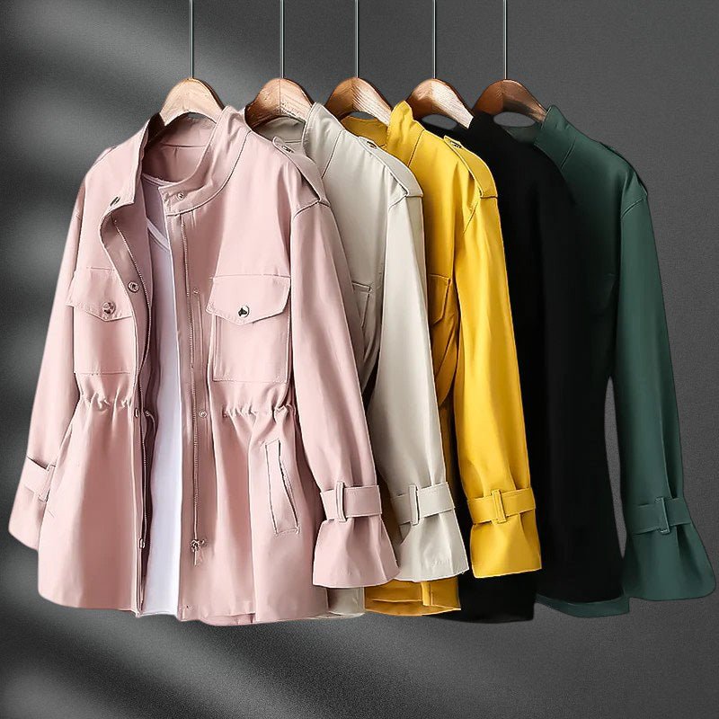 Plenie Smooth Blend Windbreaker Jacket – Cinched-Waist Flap-Pocket Stand-Collar Coat