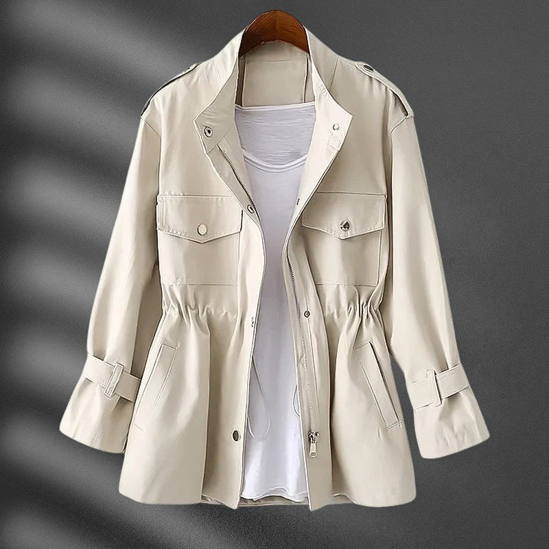 Plenie Smooth Blend Windbreaker Jacket – Cinched-Waist Flap-Pocket Stand-Collar Coat