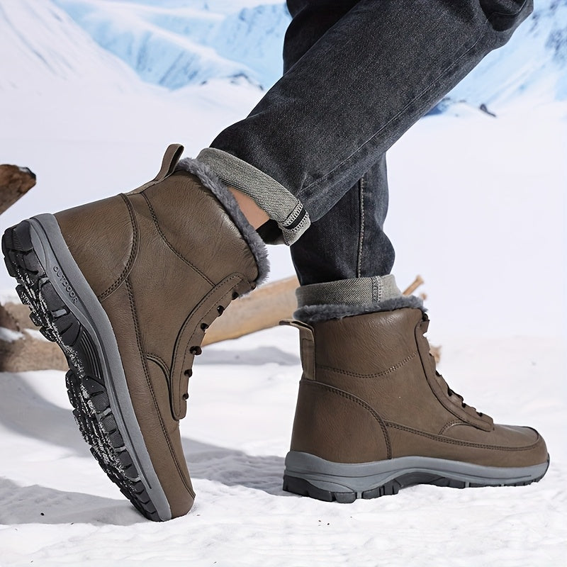 Brown plush-lined winter boots worn by a person in snow, featuring lace-up closure, deep-tread soles, and above-ankle fit