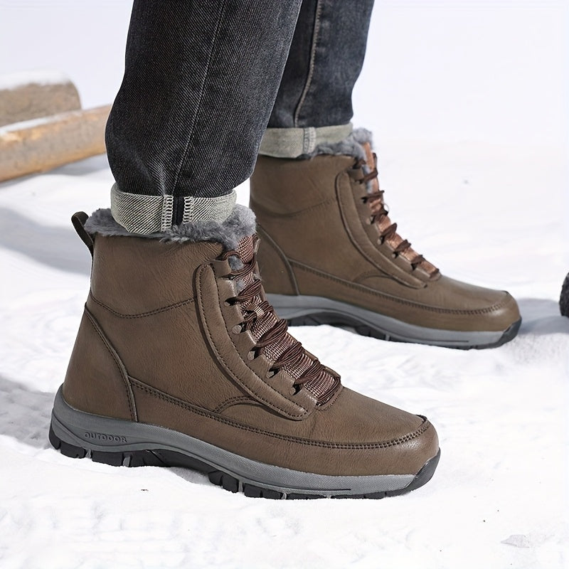 Brown plush-lined winter boots worn by a person in snow, featuring lace-up closure, deep-tread soles, and above-ankle fit