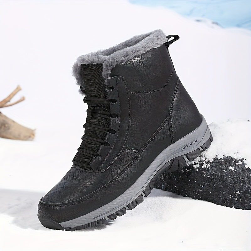 Black plush-lined winter boot for men with lace-up closure, deep-tread sole, and above-ankle fit