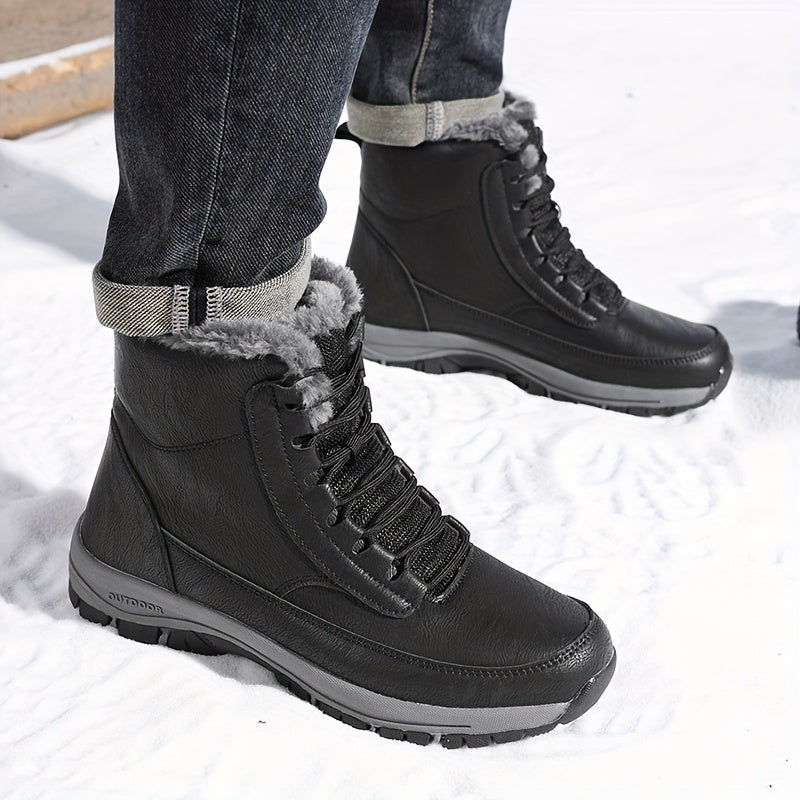 Black plush-lined winter boots worn by a person, featuring lace-up closure, deep-tread soles, and above-ankle fit