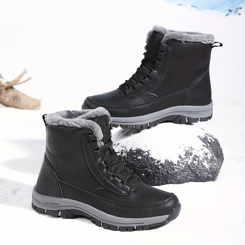 Black plush-lined winter boot shown in snow, featuring lace-up closure, deep-tread sole, and above-ankle fit